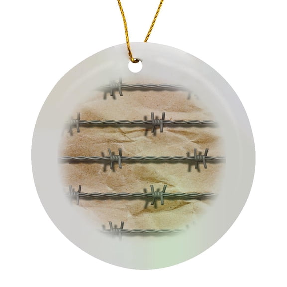 3drose, Barbed Wire on Crumpled Paper Print, Circle Porcelain Ornament