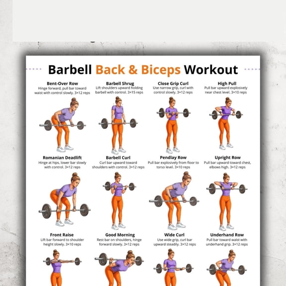 Barbell Back Biceps Workout Poster Upper Body Gym Exercise Pull Training Chart