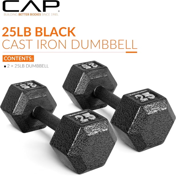 Barbell Cast Iron Hex Weights Pair Black 25 lb Non-Roll for Strength Training