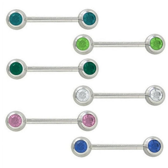 Barbell Nipple Ring 14G Surgical Steel with Colored Gems (6mm) - 6 Colors - Pair