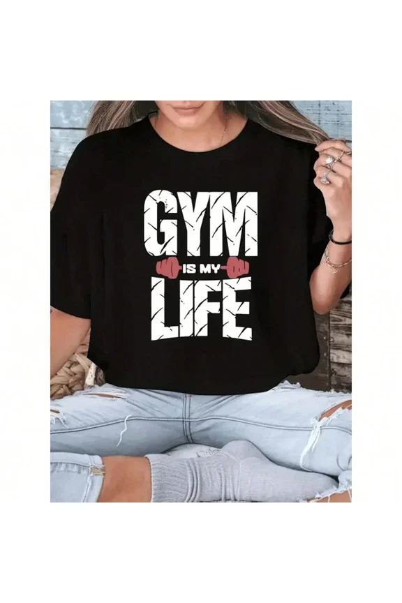 Barbell Patterned T-Shirt, Soft Versatile Top Spring Summer, Unisex T-Shirt