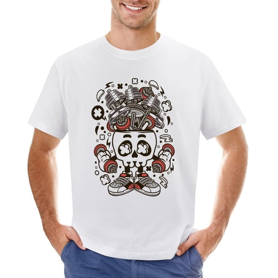 Barbell Skull Head Vintage T-shirt Mens Cotton Classic Crewneck Short Sleeve Tees Unisex White XS
