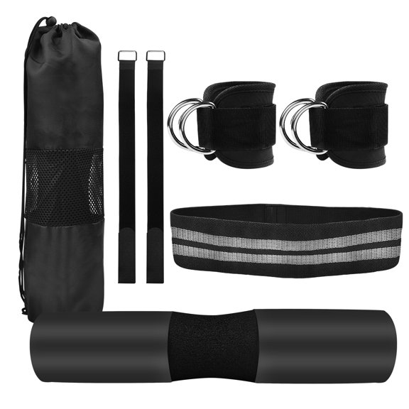 Barbell Squat Pad, WeluvFit Barbell Pad for Hip Thrusts, 2 Gym Ankle Straps, Hip Exercise Band, 2 Squat Pad Safety Straps and Carry Bag