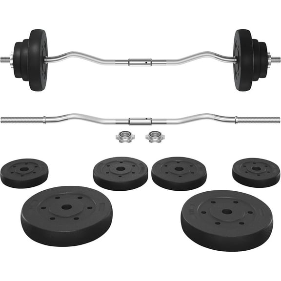 Barbell Weight Set - Curl Bar & 6 Weights & 2 Barbell Clamps for Lifts 66LB/55LB/44LB