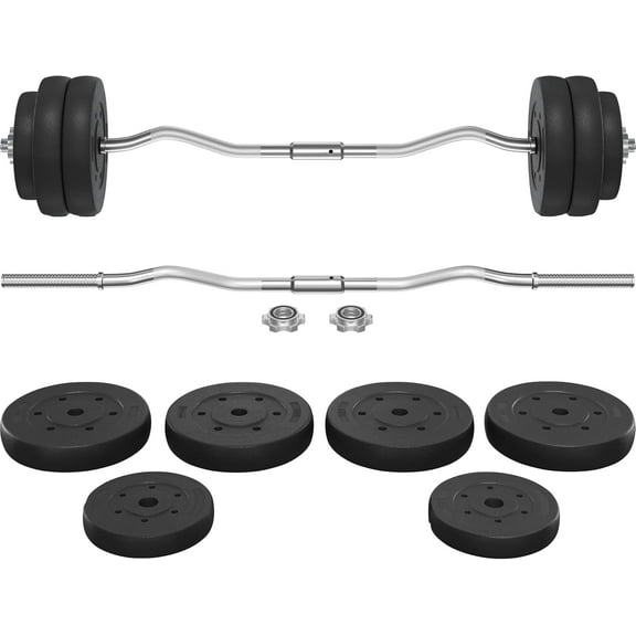 Barbell Weight Set - Curl Bar & 6 Weights & 2 Barbell Clamps for Lifts 66LB/55LB/44LB