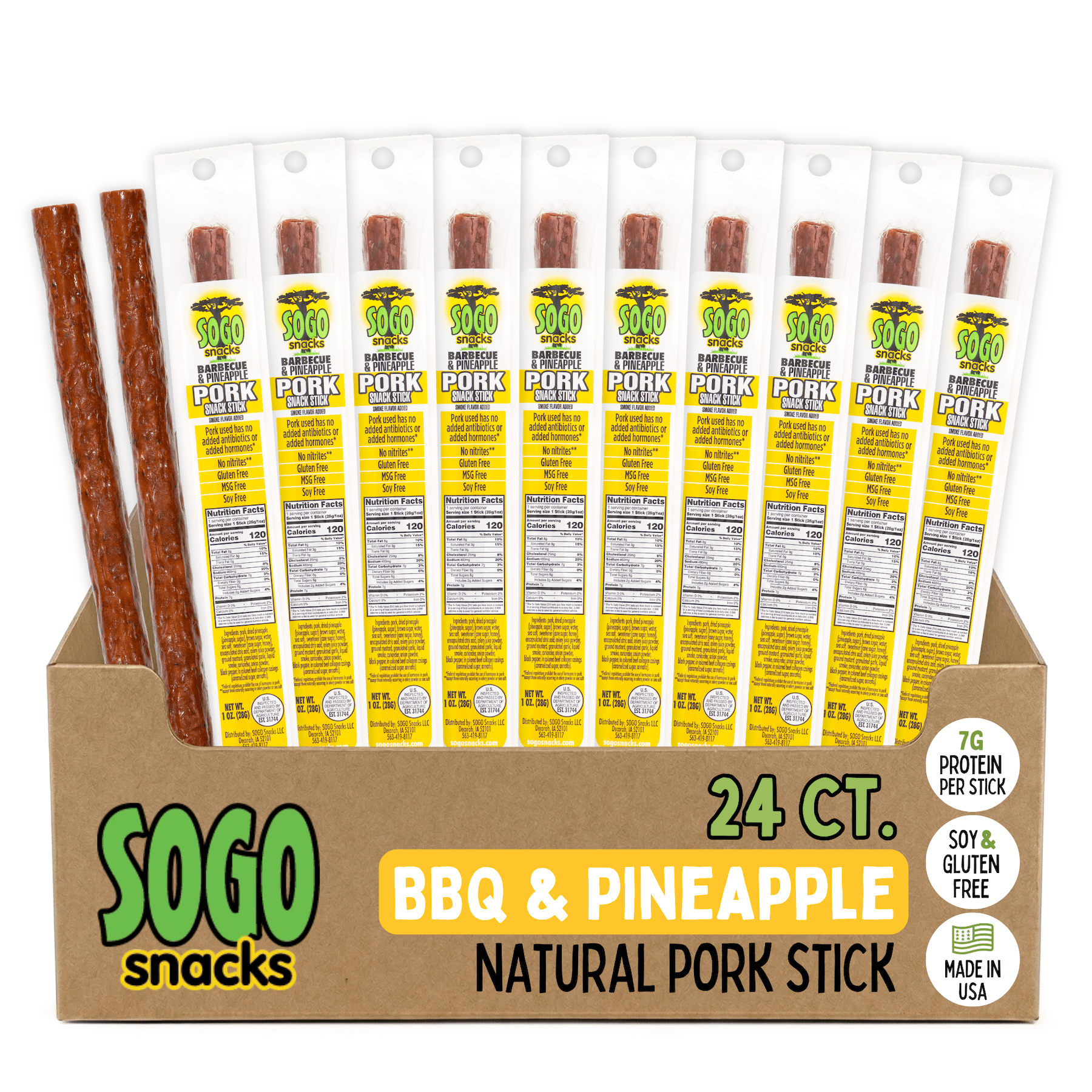 Barbecue and Pineapple Natural Pork Meat Sticks, Smoked Meat Stick Travel Snacks, Snack Bundle of 24 Mild Flavored Snack Sticks – Sogo Snacks