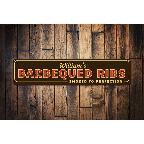 Barbequed Ribs Sign Smoked To Perfection Sign Custom BBQ Sign BBQ Decor Name Kitchen Sign New BBq Signs - Size: 16 x 4 Inches