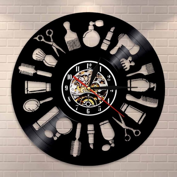 Barber Accessories Silent Non ticking Wall Clock Barber Shop Hair Salon Tools Vinyl Record Clock Black Wall Art Retro Home Decor
