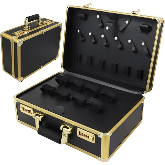 Barber Case Clipper Bag Gold, Hair Kit Tool Box Aluminum Organizer with Portable Handle and Secure Numlock for Scissors, Clippers, Barber Supplies 15.7" x 12" x 6.1"