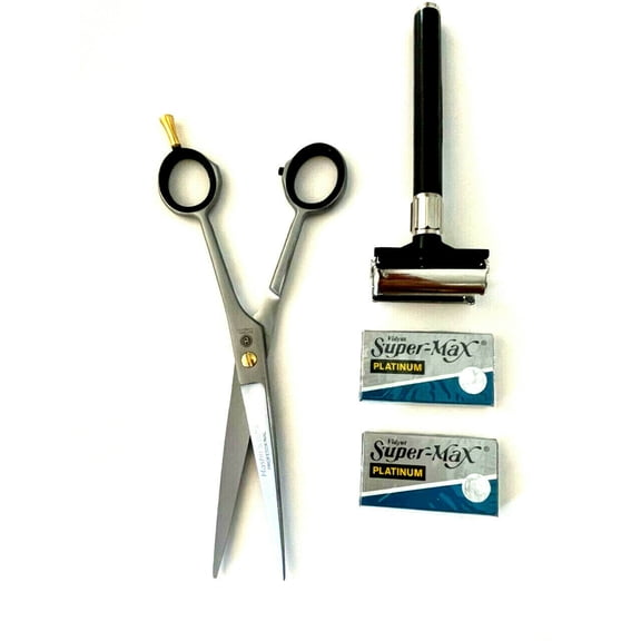 Barber Household Hair Trimming Cutting Scissors + Old School Butterfly Safety Mens Holiday Excellent Gift Set Kit