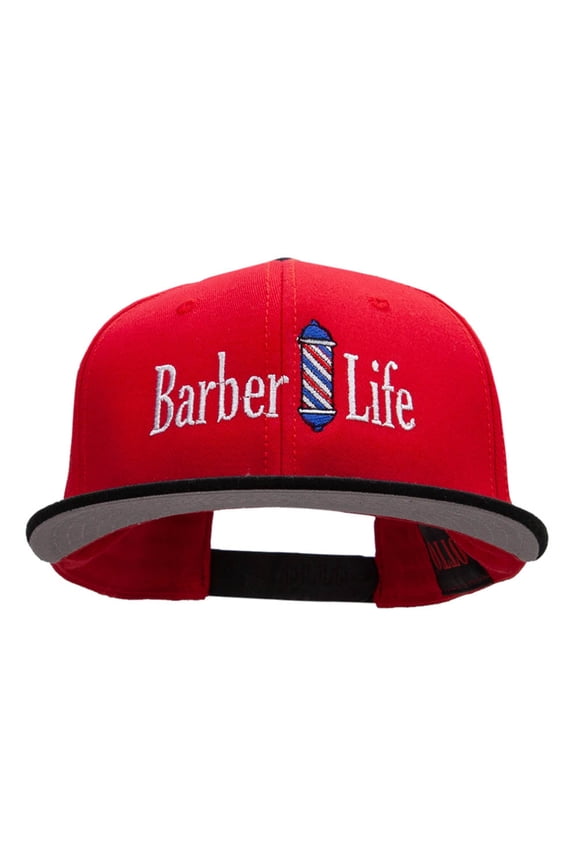 Barber Life Embroidered Two Tone Superior Cotton Twill Flat Bill Snapback Cap - Black Red OSFM