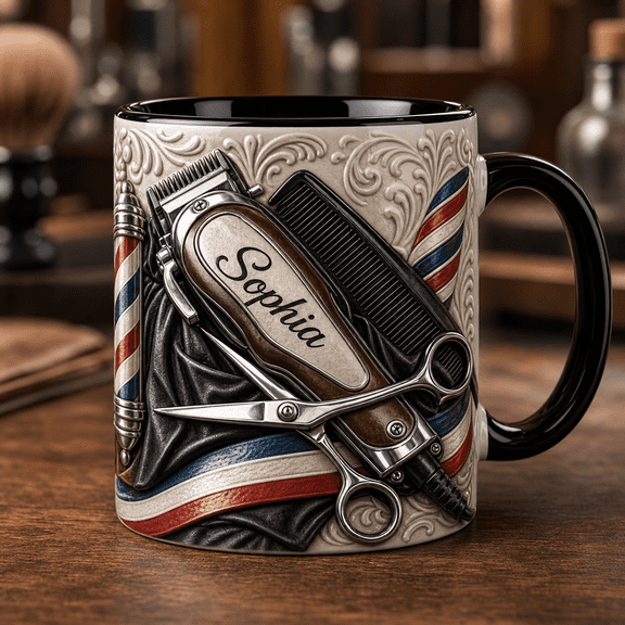 Barber Mug 2D Printed 3D Effect Custom Name Clippers Scissors Gift