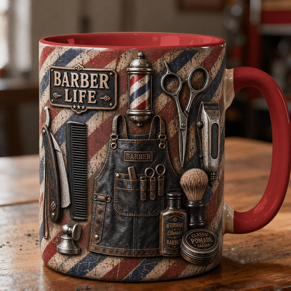 Barber Mug 3D Effect Vintage Barber Pole Straight Razor Scissors Coffee Cup Gift