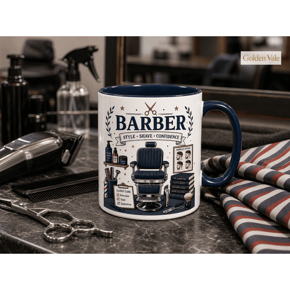 Barber Mug with Classic Shop Chair Design, Hair Stylist Coffee Cup Gift