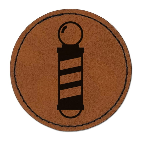 Barber Pole Icon 2.5" Faux Leather Round Engraved Iron-On Patch - Brown