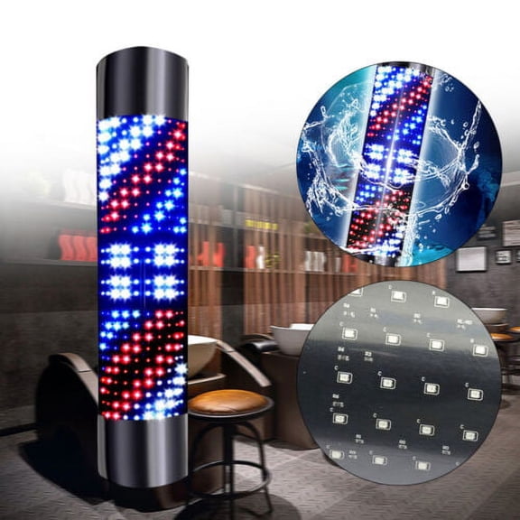 Barber Pole Light LED Red White Blue Stripes Rotating Metal Hair Salon Shop Sign