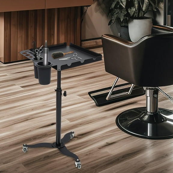 Barber Rolling Tray Cart, Rolling Stainless Steel Tray Cart Height Adjustable with Wheels & PE Cups, Professional Tool Tray for Beauty Salons, Barber Stores, SPA, Home