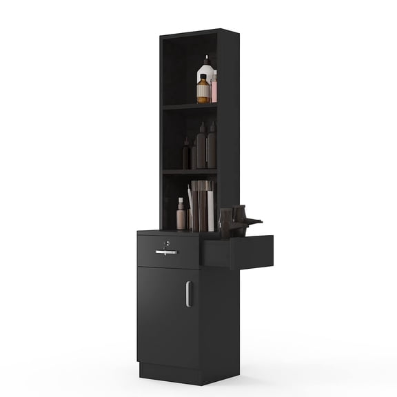 Barber Salon Station Wall Mount Hair Styling Salon Equipment Set Beauty Spa Furniture Set, Lockable Left Shelf, Mirror not Included(Black)