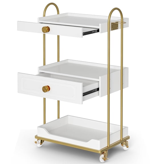 TTGIEET Barber Salon Trolley Cart w/Lockable Wheels, Rolling Beauty Cart with 2 Drawers & Dryer Holder, Trolley for Beauty Spa Barbershop(White)