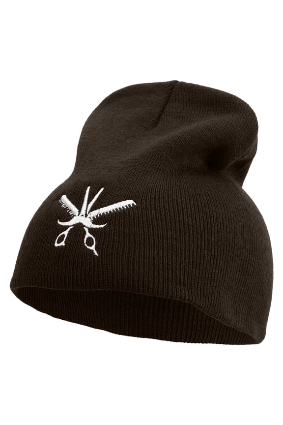Barber Scissor Embroidered 8 inch Acrylic Short beanie - Brown OSFM