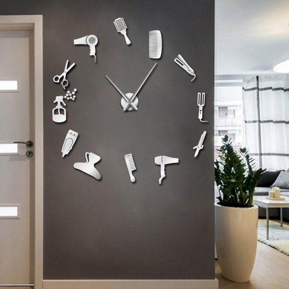 Barber Shop Hair Tool Large DIY Wall Clock Watch Stickers Frameless Beauty Salon Big Clocks Hairdresser Undefined Decor Horologe(Black,37inch)