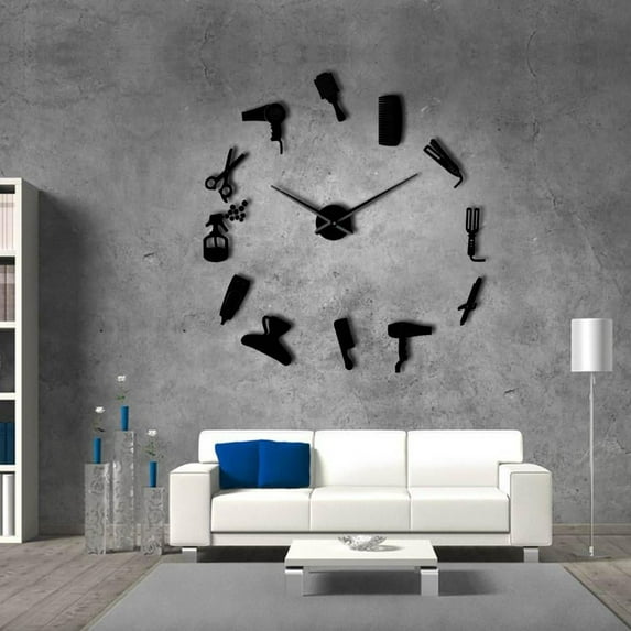 Barber Shop Hair Tool Large DIY Wall Clock Watch Stickers Frameless Beauty Salon Big Clocks Hairdresser Undefined Decor Horologe(Black,47inch)