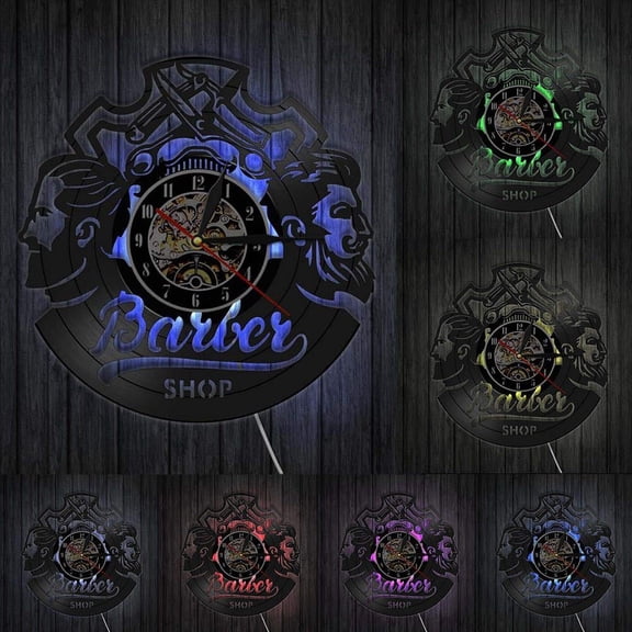 Barber Shop Logo Hair Salon Decor Vintage Vinyl Record Wall Clock Hair Accessories Hairdresser Wall Sign Decorative Wall Watch With LED