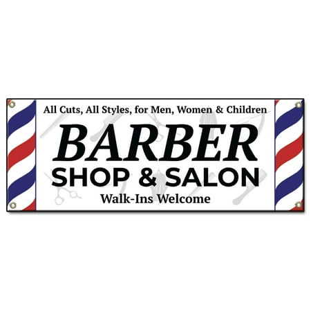 Barber Shop & Salon Walk-Ins Welcome | 48" X 120" Banner | Heavy Duty 13oz. Outdoor Vinyl Single Sided With Grommets | Made in The USA