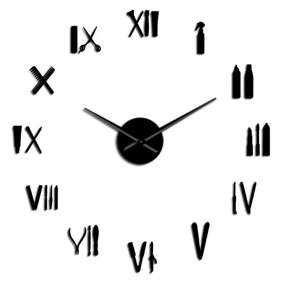 Barber Shop Tools Mirror Effect 3D DIY Wall Art Clock Roman Numerals Beauty Salon Tools Creative Show Unique Design Wall Clock(Black,27inch)