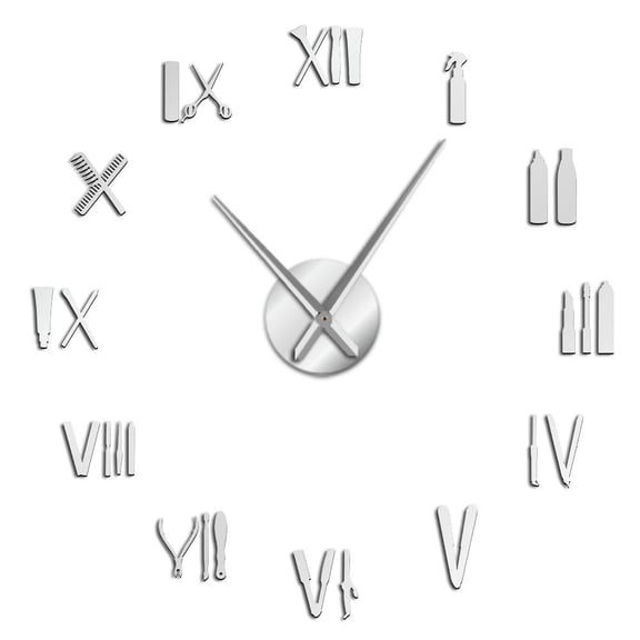 Barber Shop Tools Mirror Effect 3D DIY Wall Art Clock Roman Numerals Beauty Salon Tools Creative Show Unique Design Wall Clock(Silver,27inch)