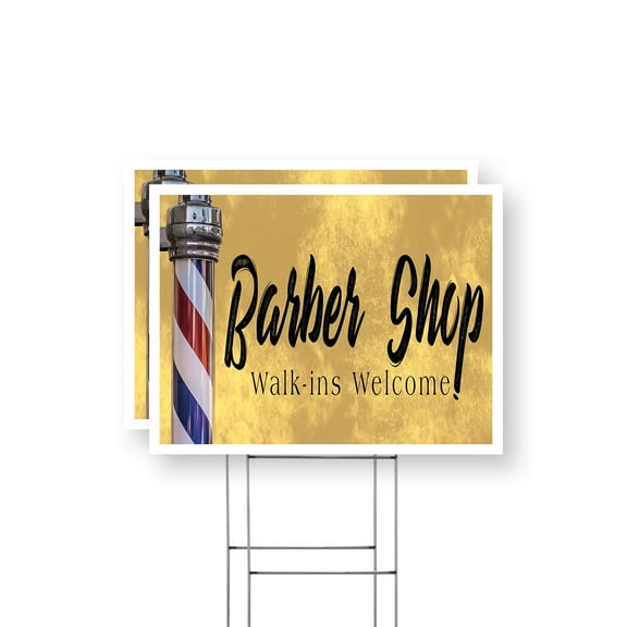 Barber Shop Walk Ins Welcome Yard Sign 2 Pack of 12 Inch x 16 Inch Single Sided Weatherproof Heavy-Duty Plastic with Stake | Hair Services, Convenient Access, Open Hours | Made in USA