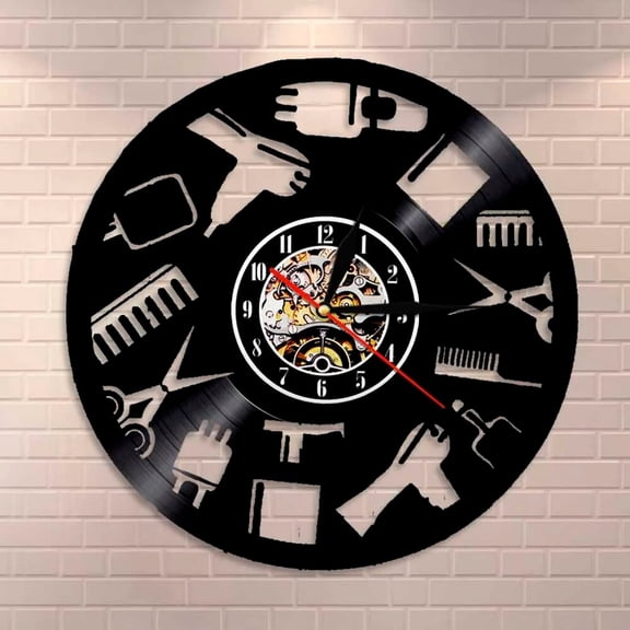 Barber Shop Wall Sign Silent Quartz Vinyl Wall Clock,Vinyl Record Clock Wall Art Black Handmade Art Home Unique Gift idea