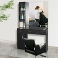 thumbnail image 1 of Barber Station with Mirror, Hair Salon Station for Hair Stylist, Wall Mount Salon Beauty Spa Equipment with 3 Hair Dryer Holders & Open Shelves, 2 Drawers, 1 Storage Cabinet, Black, 1 of 7