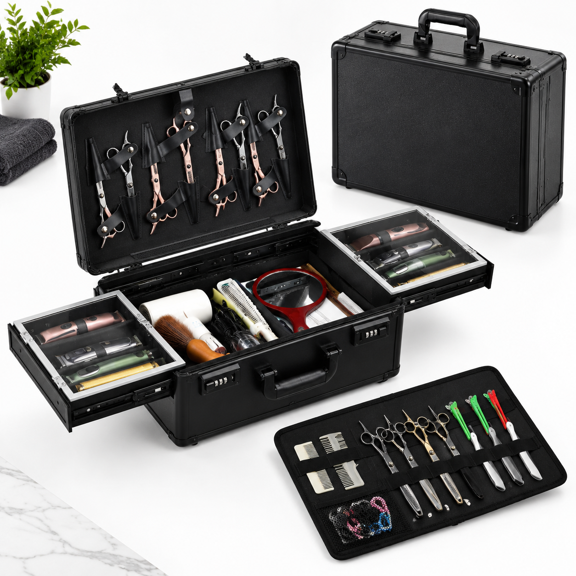Barber Tool Case with Black Sliding Trays, 16.97 x 13.15 x 7.72 Inches, Hard Travel Organizer for Salon Supplies