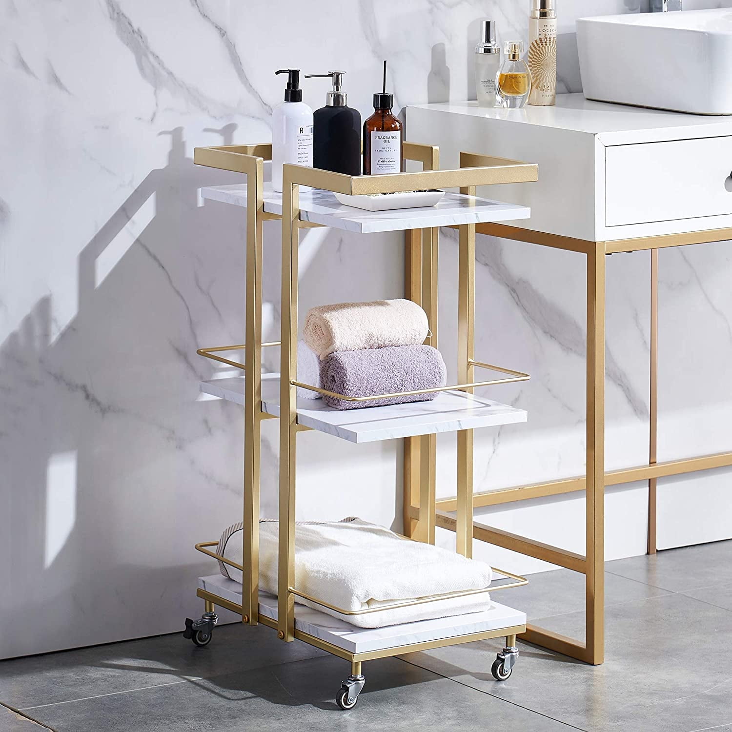 White and Gold Metal Frame 3-Tier Rolling Utility Cart
