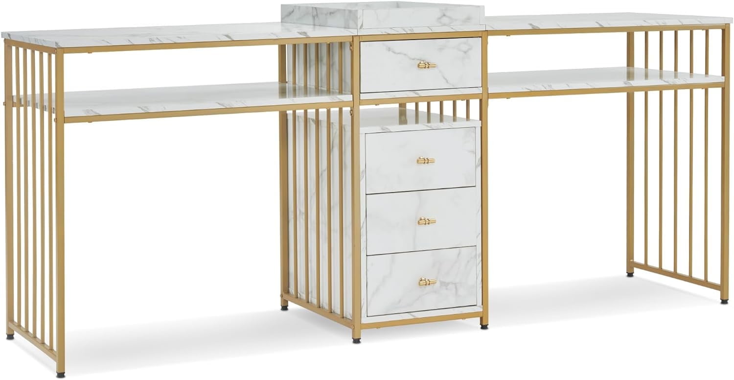 White Marble and Gold Dual Manicure Desk with Drawers