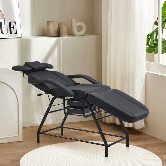 BarberPub Adjustable Esthetician Facial Bed Tattoo Chair with Removable Headrest, 2 Trays, Leather 300 lbs capacity(Black)