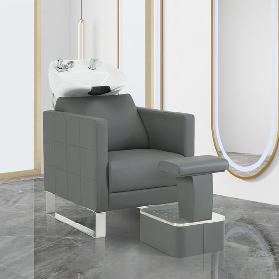 BarberPub Backwash Shampoo Ceramic Bowl and Chair Set, Adjustable Hair Wash Bowl Unit Station for Spa Beauty Salon, Faux Leather(Grey)