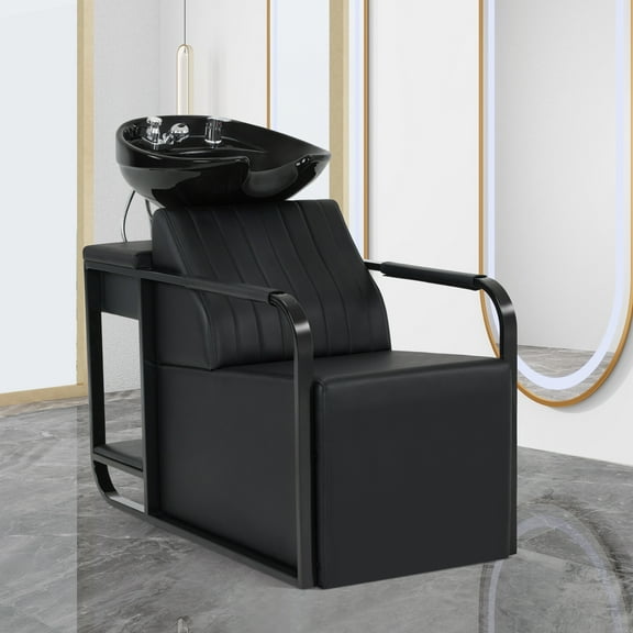 BarberPub Backwash Shampoo Ceramic Bowl and Chair Set for Spa Beauty Salon, Black