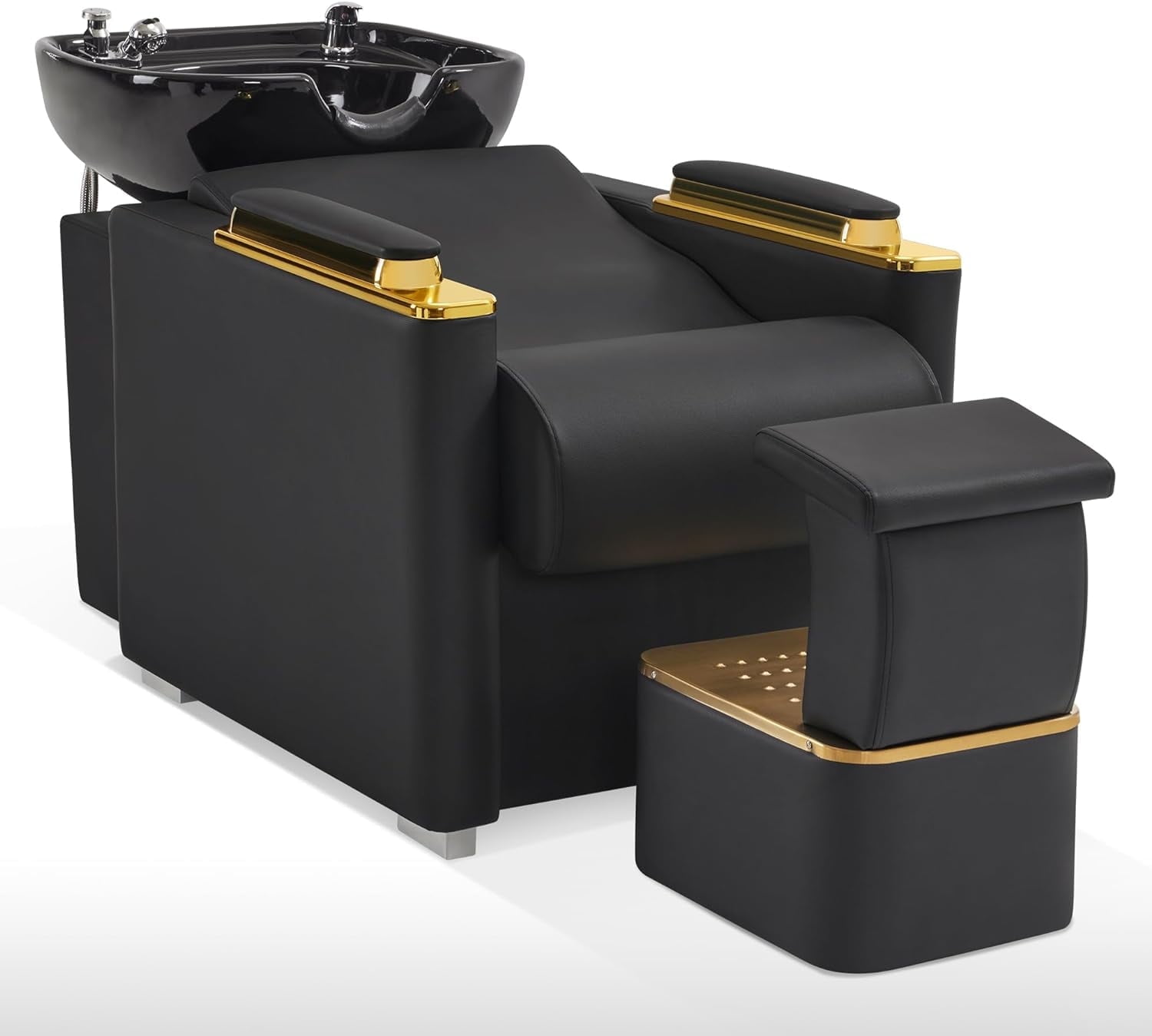 Luxurious Black and Gold Faux Leather Shampoo Station Chair with Porcelain Bowl