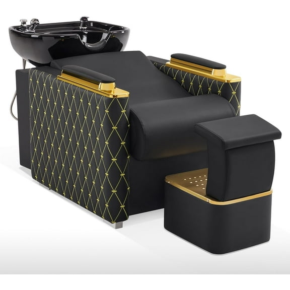 BarberPub Backwash Shampoo Station Chair with Ceramic Hair Wash Bowl for Salon and Spa 8613 Black&Gold