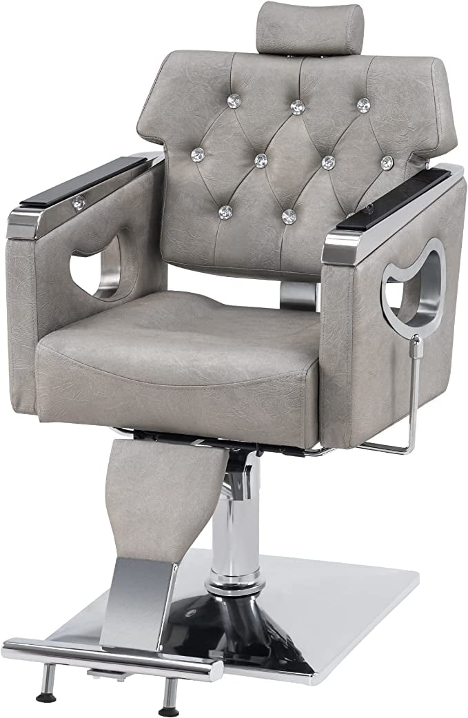 Silver Grey Faux Leather Reclining Salon Chair with Chrome Base