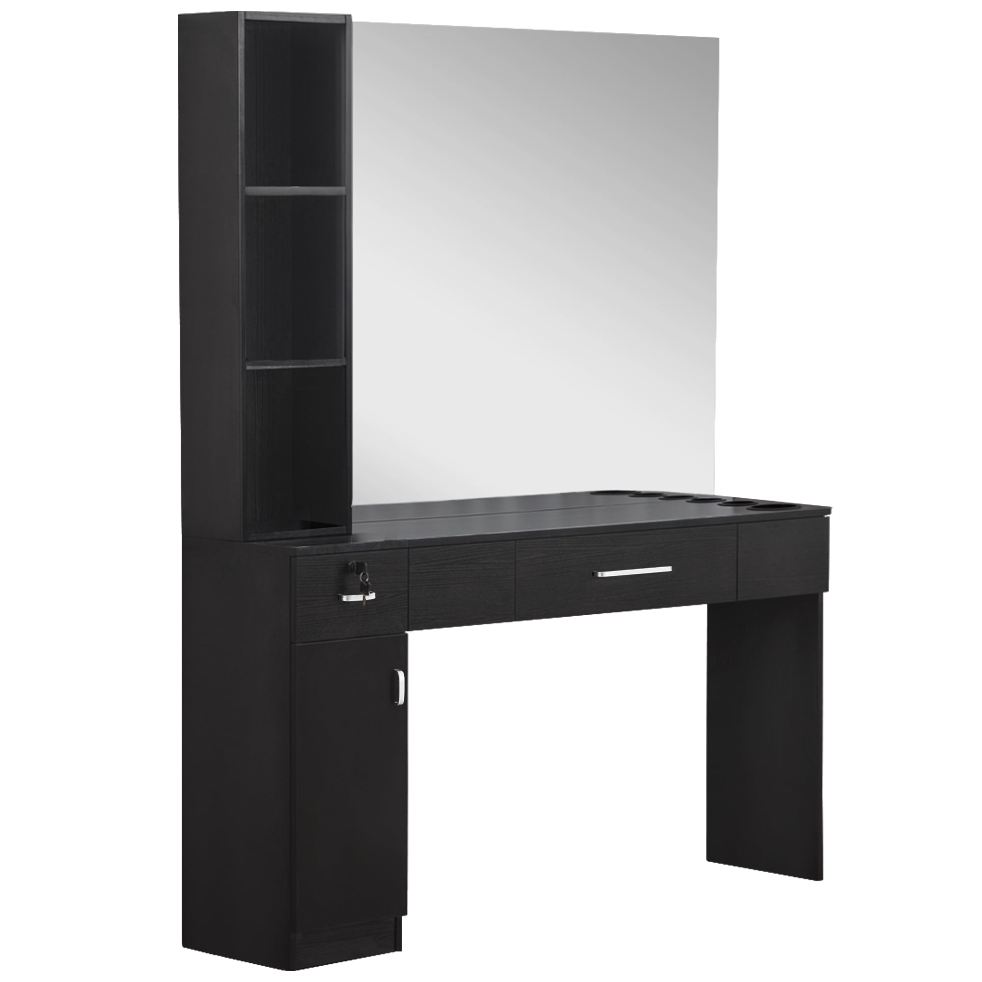 Black Particle Board Wall-Mounted Salon Station with Mirror
