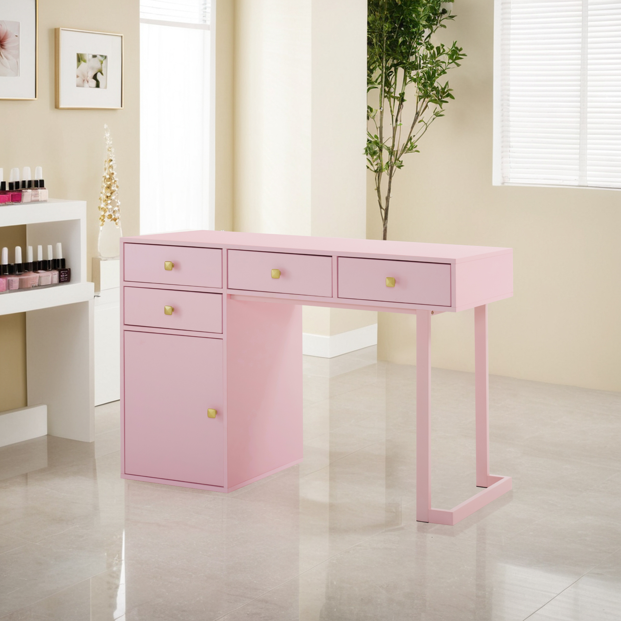 BarberPub Makeup Vanity Desk with Drawer, Manicure Table with Metal Leg