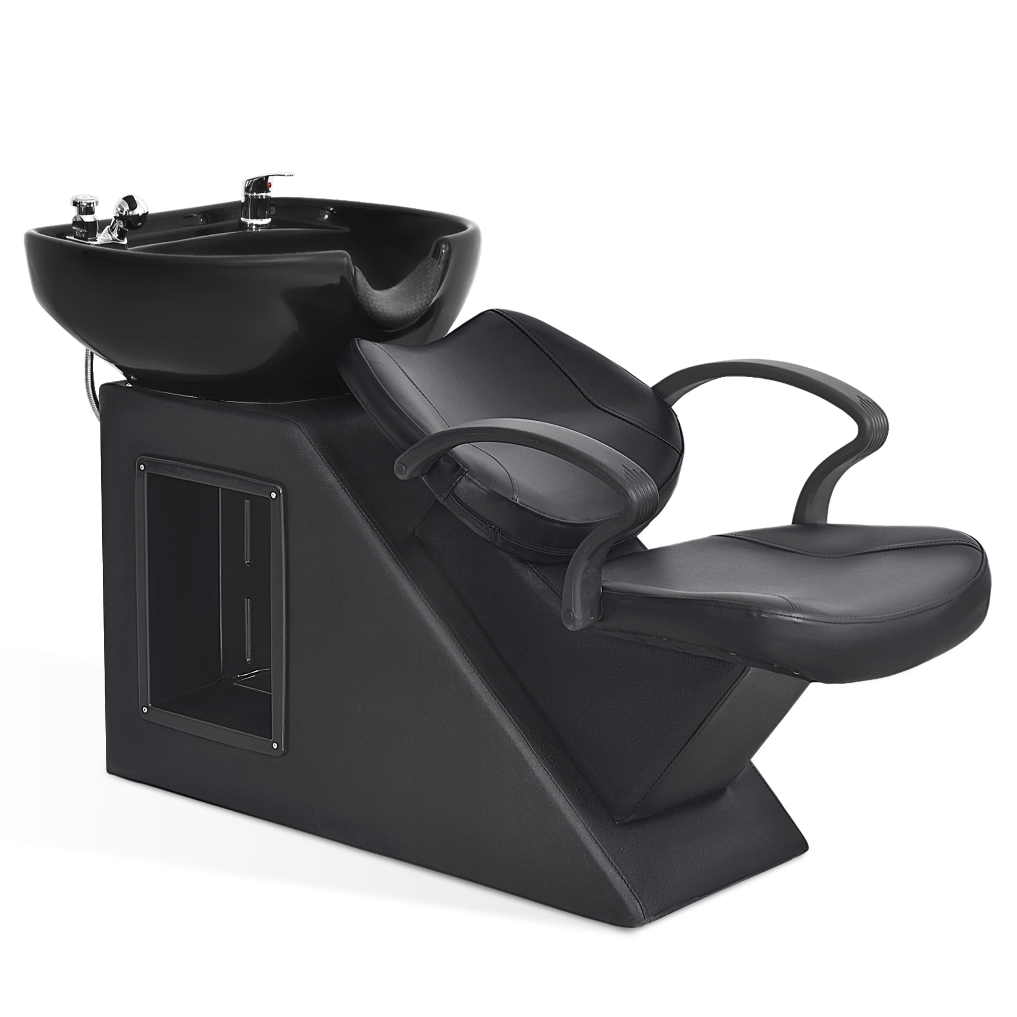 Classic Black PVC Leather Freestanding Shampoo Chair with Ceramic Bowl