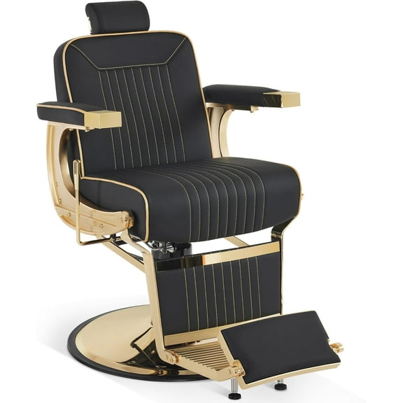 BarberPub Classic Barber Chair, 660Lbs Heavy-duty Hydraulic Pump, Professional Reclining Salon Chair for Hair Stylist, Gold&Black, Barbershop, Salon&Spa Equipment for Adult 8334
