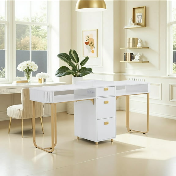 BarberPub Double Nail Desk, Manicure Table with Built-In AC Outlets & USB Ports