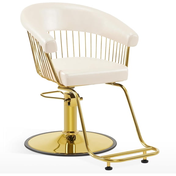 BarberPub Hydraulic Salon Chair, Gold&Black&White Classic Style Barber Chair for Hair Stylist, Iron Frame Beauty Spa Salon Styling Chair with Heavy-Duty Pump for Women Men 8677