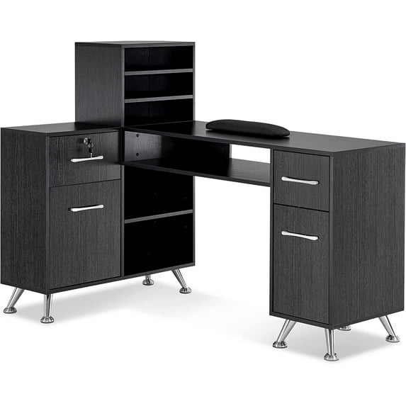 BarberPub L-Shaped Makeup Vanity Desk with Storage Drawer, Shelf and Cabinet
