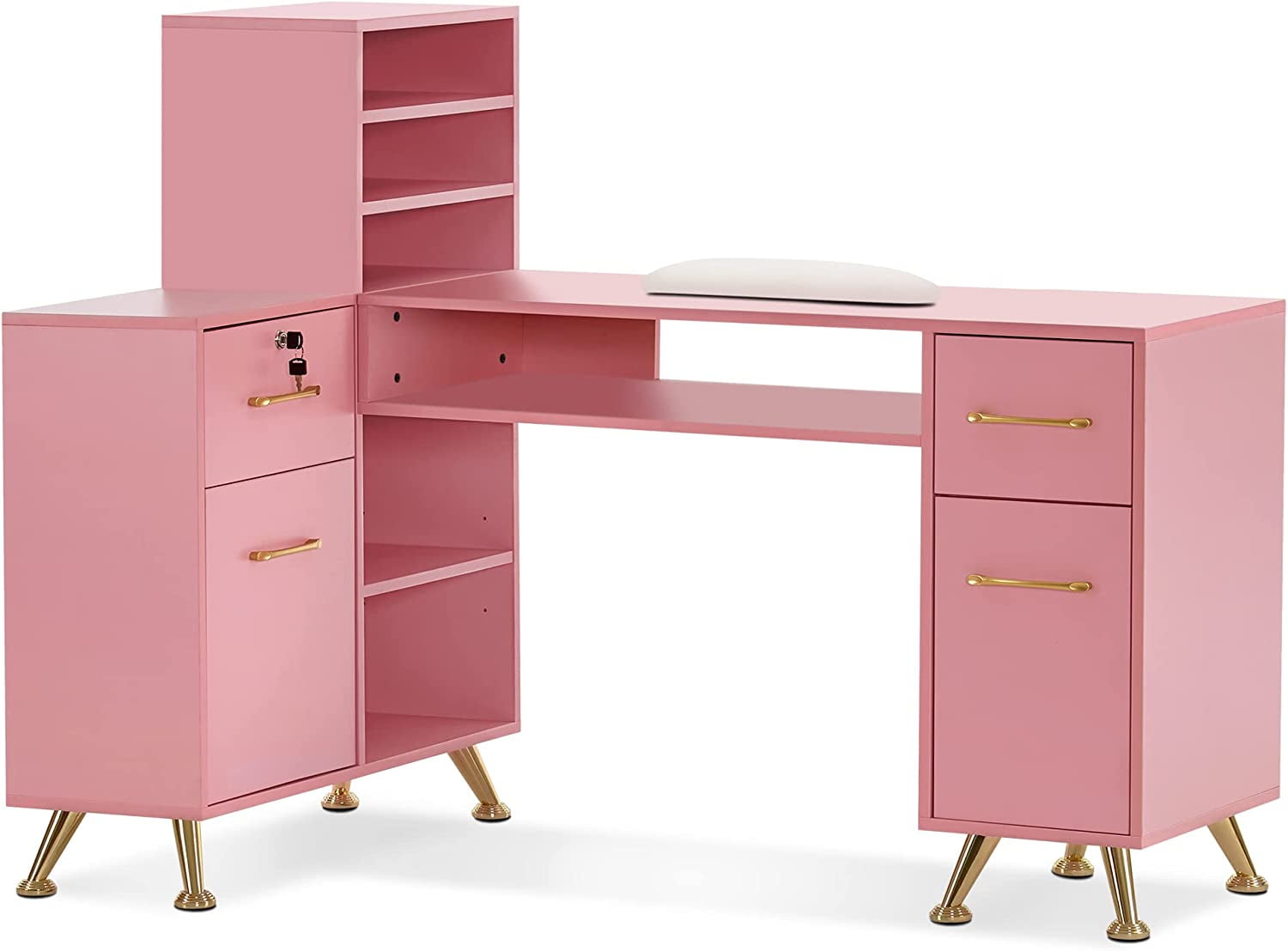 Pink L-Shaped Corner Manicure Table with Drawers and Filing Cabinet